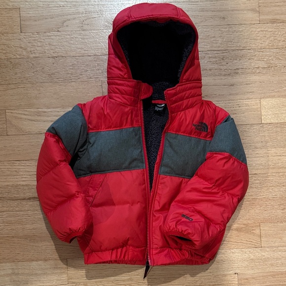 Red and Gray Hooded Puffer Jacket